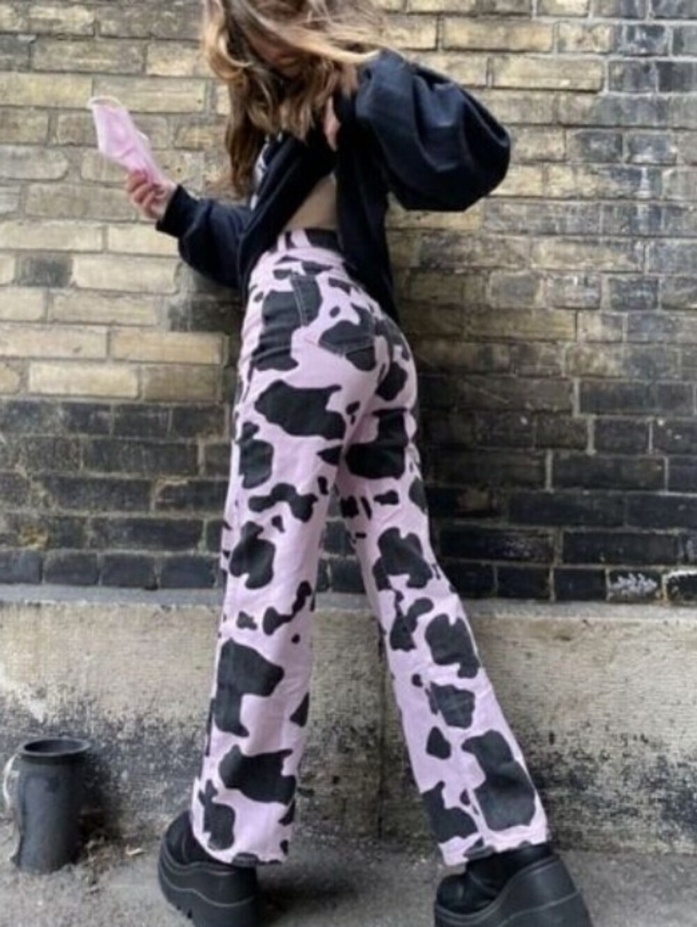 SHEIN Purple Cow Print Mom Jeans Size Medium